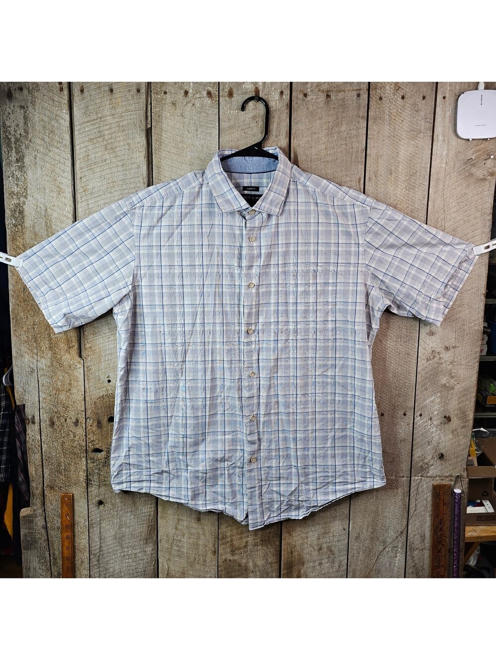 Pronto Uomo Men's L Classic Fit Plaid Button Down Short Sleeve Shirt Blue White